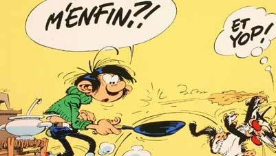 Gaston Lagaffe fait cuir une crêpe et se la fait voler par son chat.
Il s'exclame "M'enfin ?!" pendant que le chat pense "Et yop!".